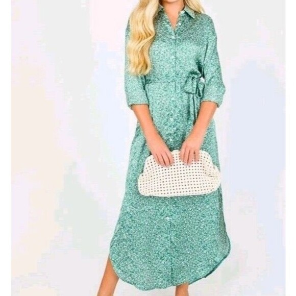 Mittoshop Maxi Dress Women Sz S Green Print Collar Button Front Polyester H42968 - Picture 1 of 13